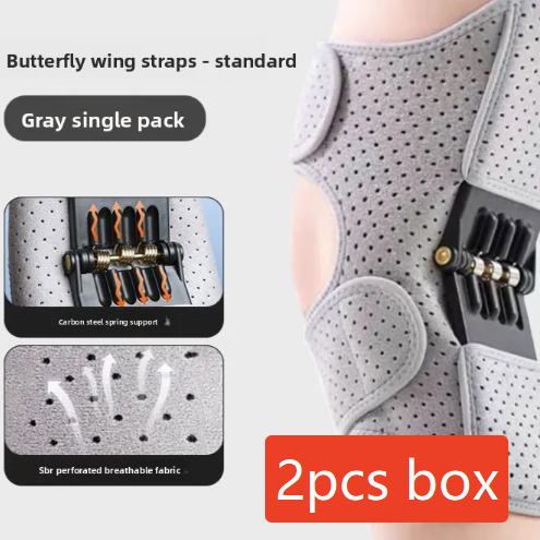 Grey perforated knee wrap worn on a leg, marked as the two piece boxed option