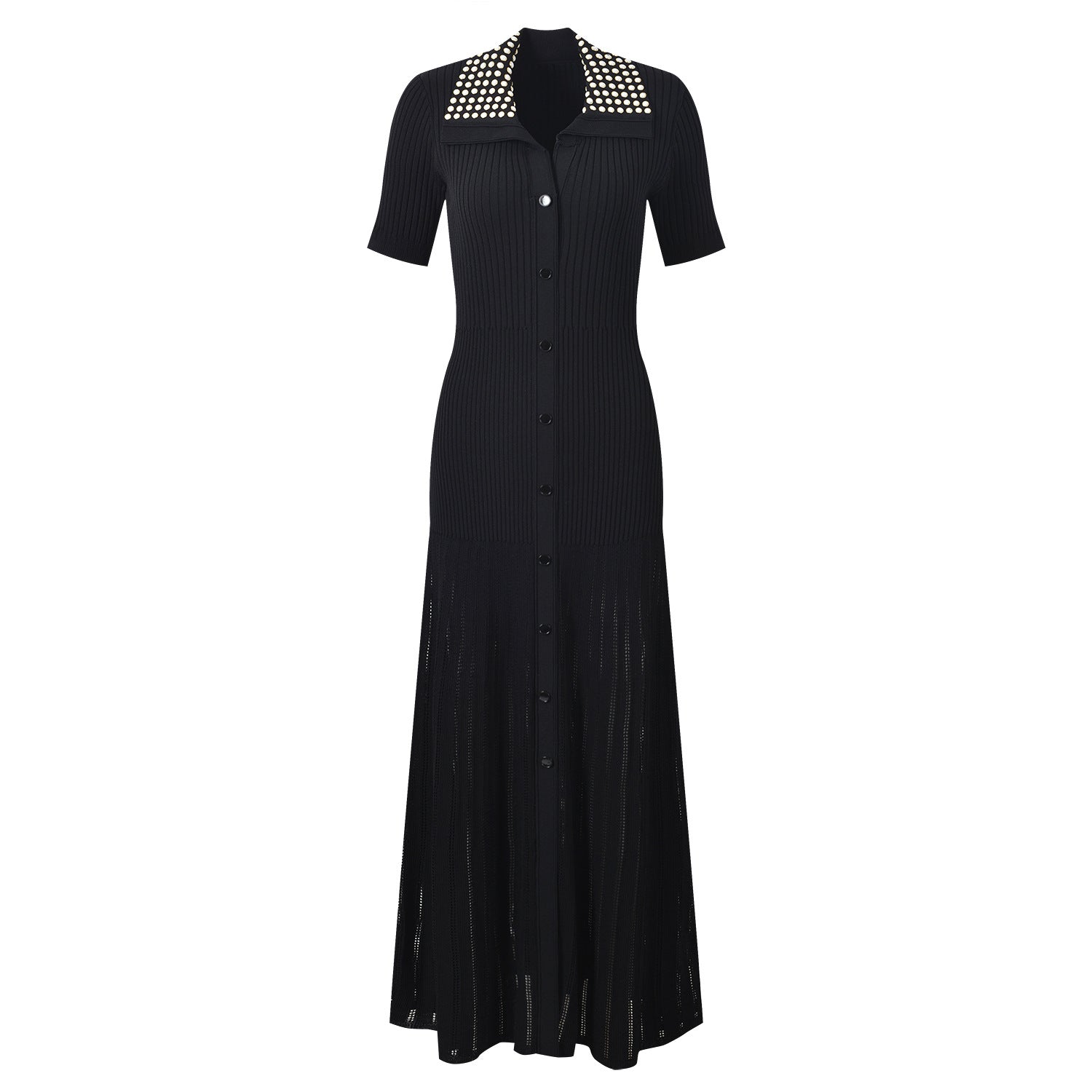 Black beaded waist dress shown from the side profile angle
