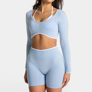Backless contrast colour sports suit for women front view