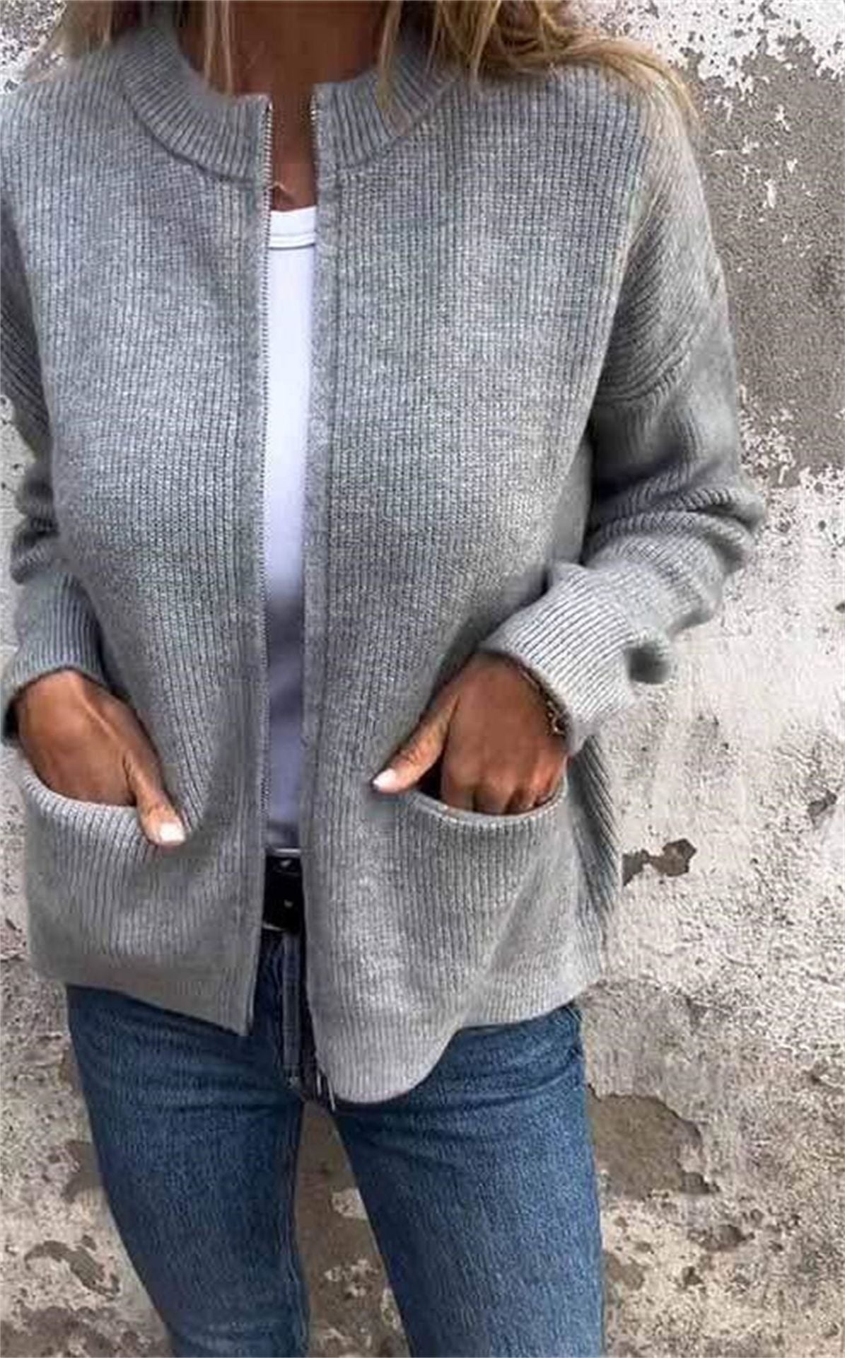 Gray zip-front knit cardigan with two patch pockets, size L