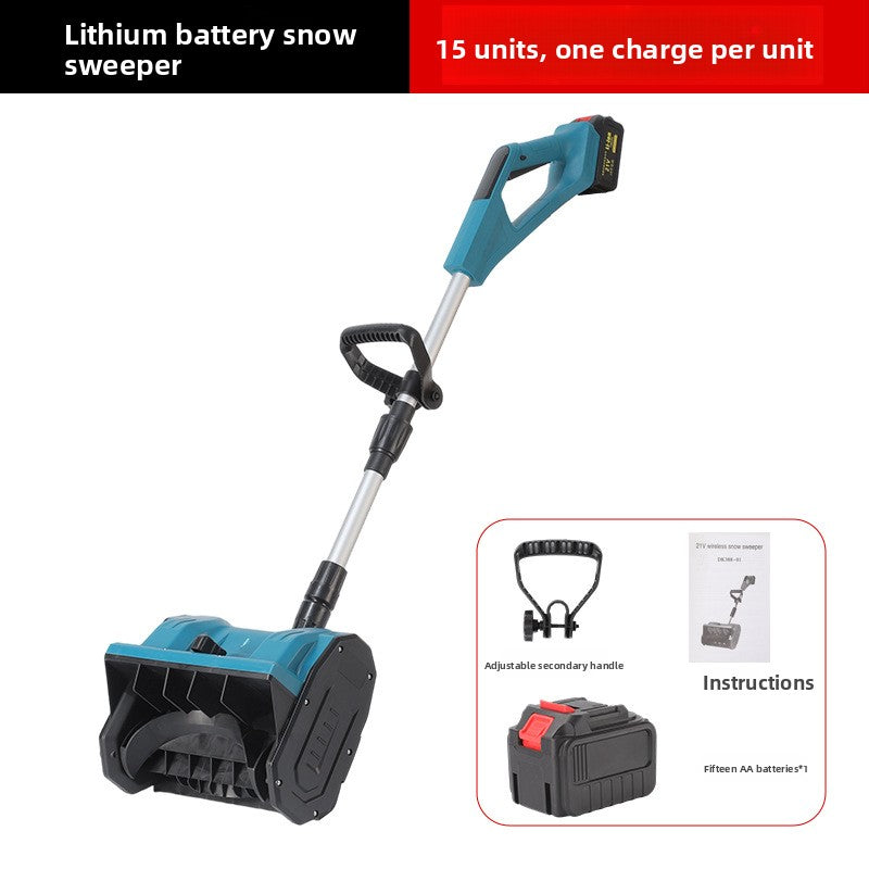 Blue cordless snow blower with 15-cell lithium-ion pack, one battery, charger and UK plug