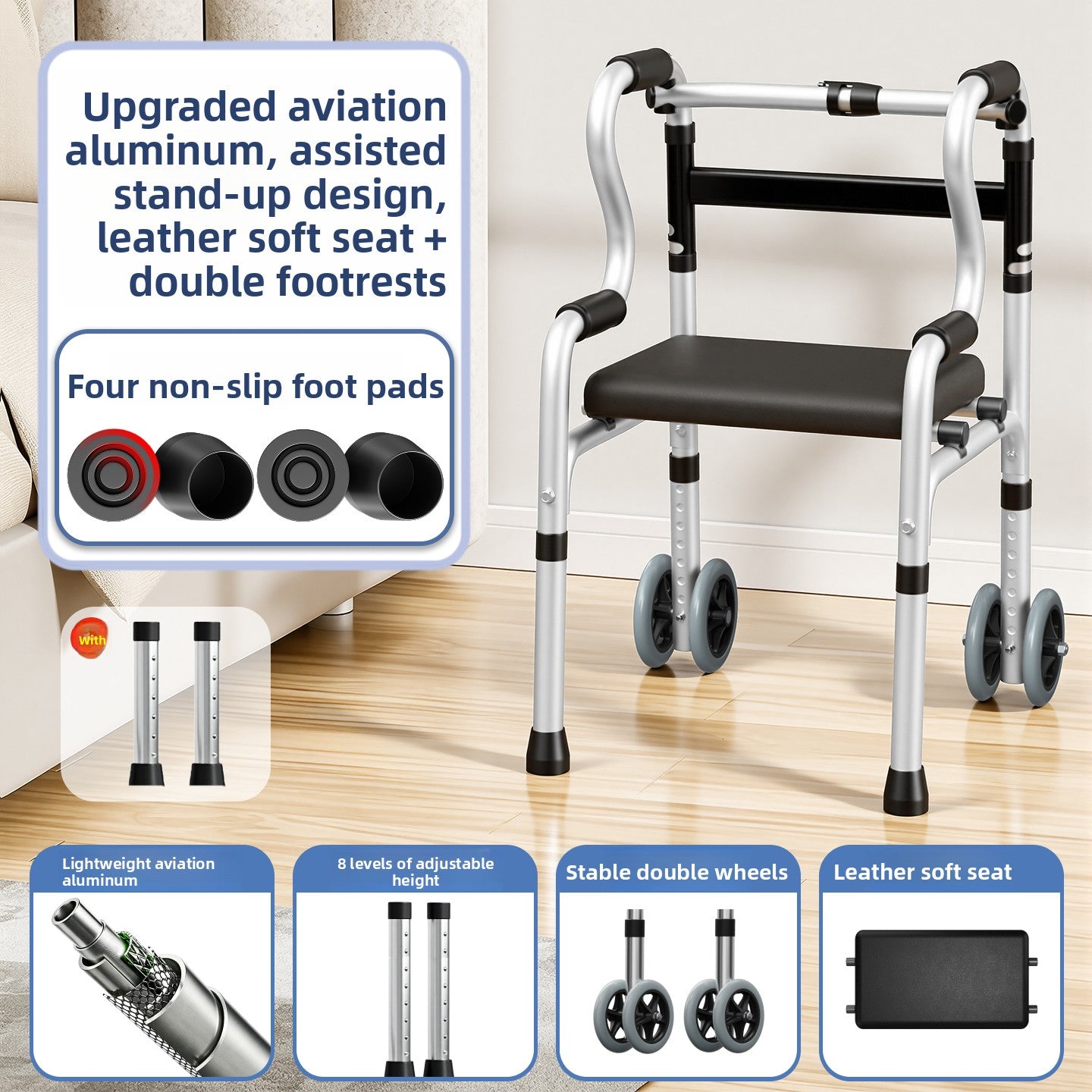 Aluminium walking frame with a padded black seat panel and double footrests