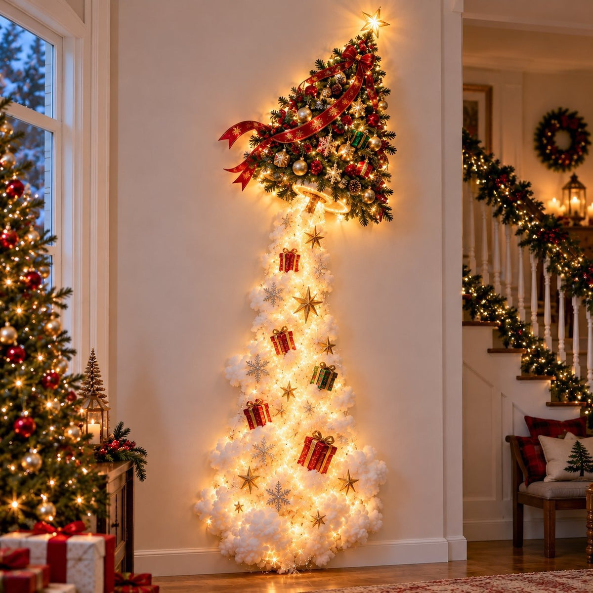 Illustrated Christmas wall display with a decorated tree on top, a trail of lights, small gifts and cotton clouds