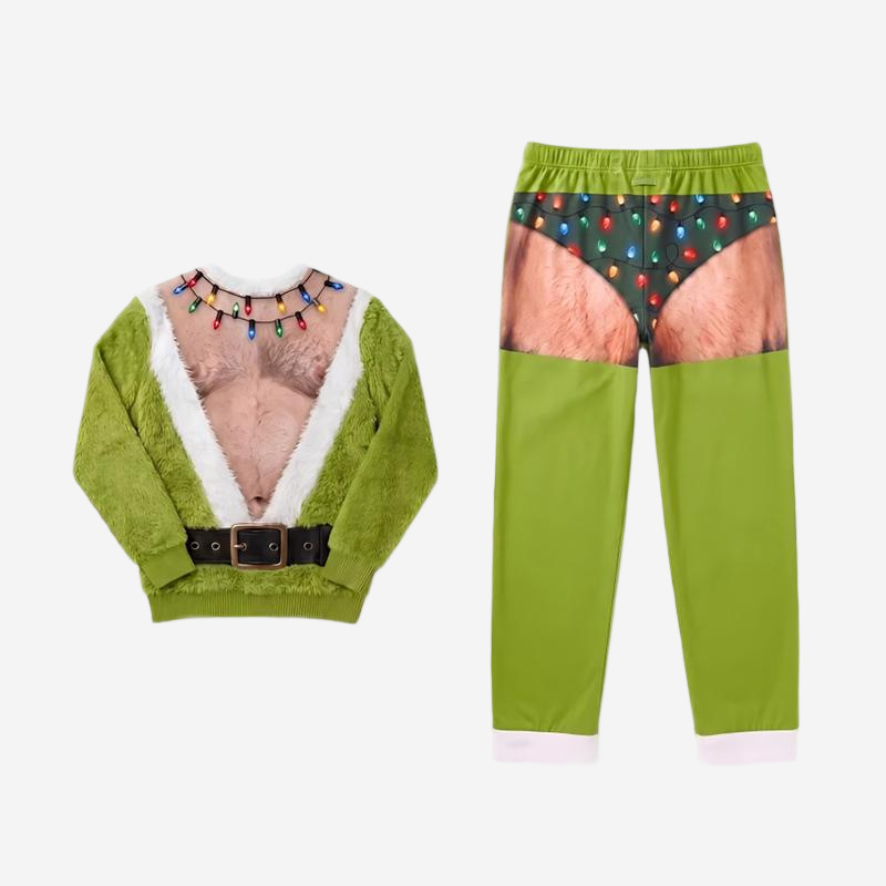 Green ugly Christmas gag loungewear with photo real printed body art and colored string lights