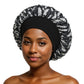 Black Leaf Print satin sleep bonnet with ruffled crown and wide elastic band, 30 cm diameter