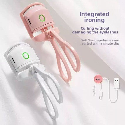 Maker panel showing both eyelash curler colours laid flat beside a USB charging cable