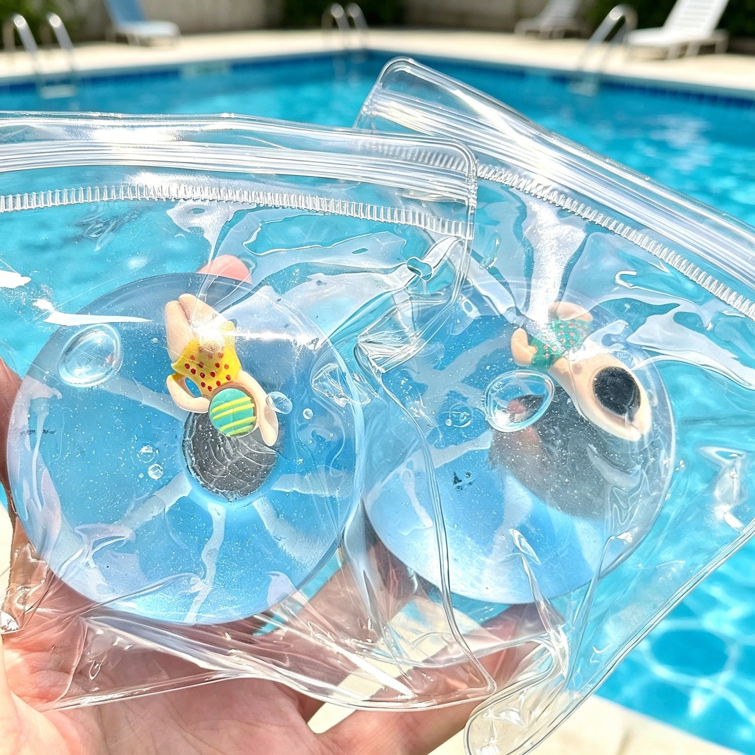 Clear squishy toy cubes with pool swimmers floating in a real pool
