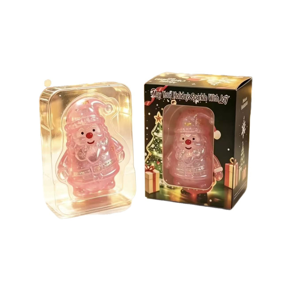 Two jelly squishy Santa squeeze toys shown in clear festive gift boxes