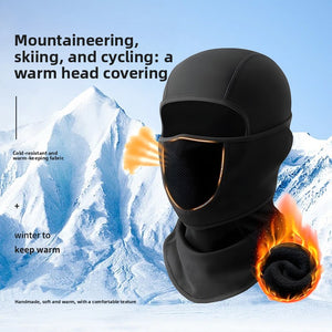 Black balaclava with mesh mouth panel and neck cover on a snowy mountain background with captions and a flame graphic