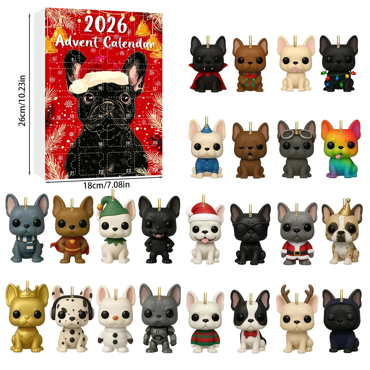 Red advent calendar cover with a black French Bulldog in a Santa hat and twenty-four dog ornaments, Red Black Santa Hat cover