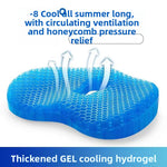 Blue honeycomb TPE gel seat cushion with a contoured rear cutout shape