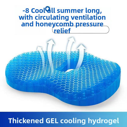 Blue honeycomb TPE gel seat cushion with a contoured rear cutout shape