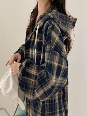 Loose Fit Hooded Plaid Shirt
