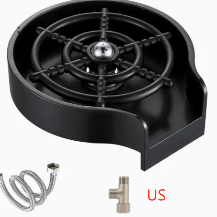Black countertop glass rinser shown with its water supply hose attached