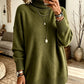 Women's olive green turtleneck knit sweater, loose fit with ribbed cuffs and hem, size M