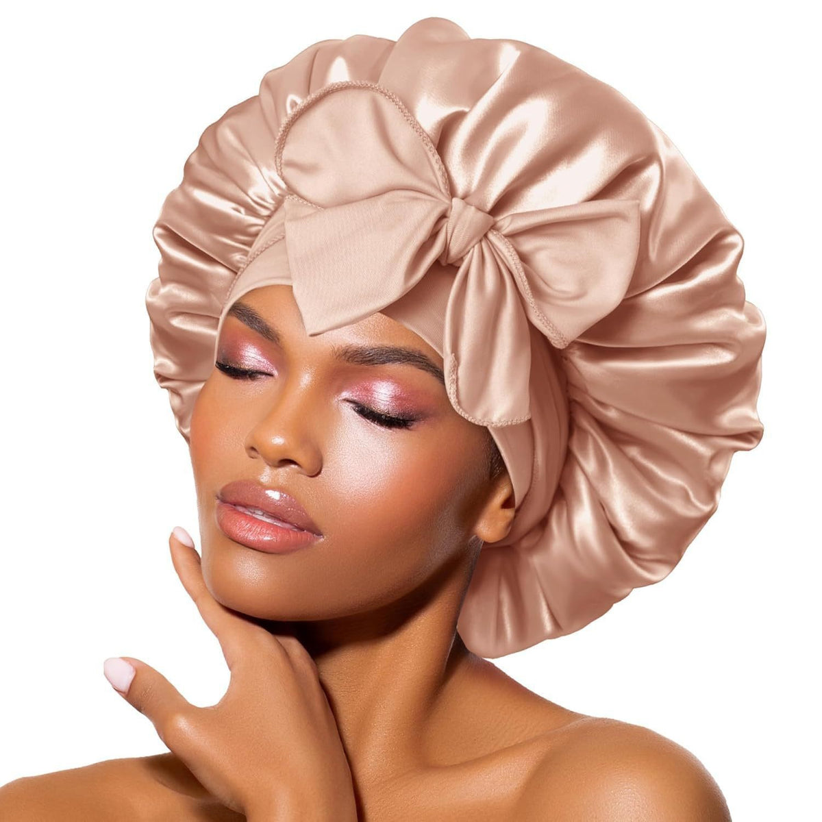 Satin sleeping bonnet with a smooth shiny face and a soft stretch band at the edge
