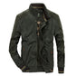 Army green stand collar cotton bomber jacket with striped ribbed cuffs and hem, size L option