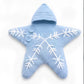 Ice Blue Snowflake knitted star baby sleeping bag with hood, white snowflakes and shoulder buttons, 80 cm option