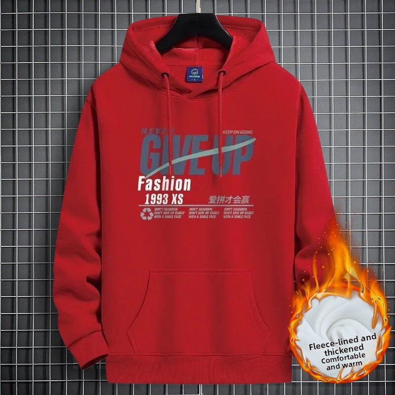 Red fleece-lined hooded sweatshirt with a NEVER GIVE UP graphic and front pocket, size 5XL option