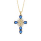 Cross pendant set with red cubic zirconia stones, close up on the paved arms