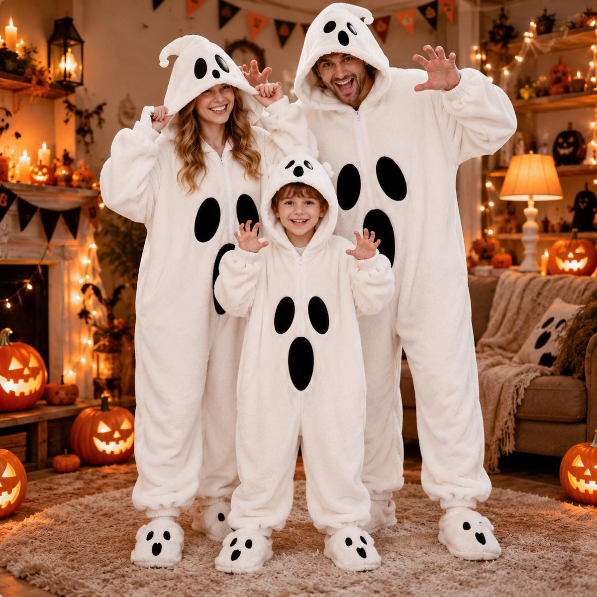 Two adults and a child in matching white plush ghost onesies in a Halloween room with pumpkins and lights