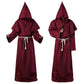 Maroon red hooded monk robe with shoulder cape, front and back views, size L