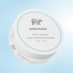 White SIIMUNANA PAP+ teeth whitening powder tub with a pale blue ring and polar bear logo on a light blue background