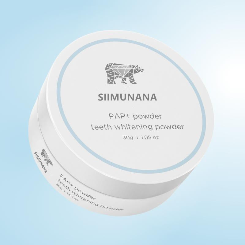 White SIIMUNANA PAP+ teeth whitening powder tub with a pale blue ring and polar bear logo on a light blue background