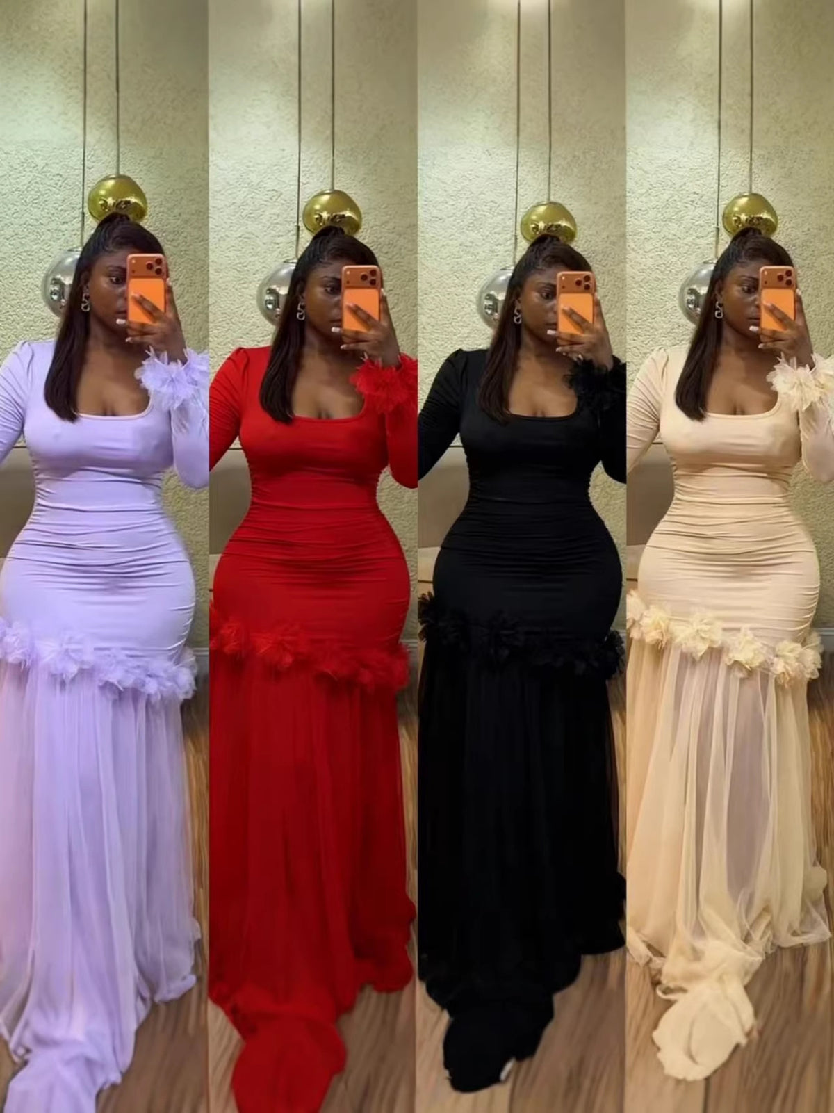 Four side by side views of the long sleeve maxi dress in light purple, red, black and beige