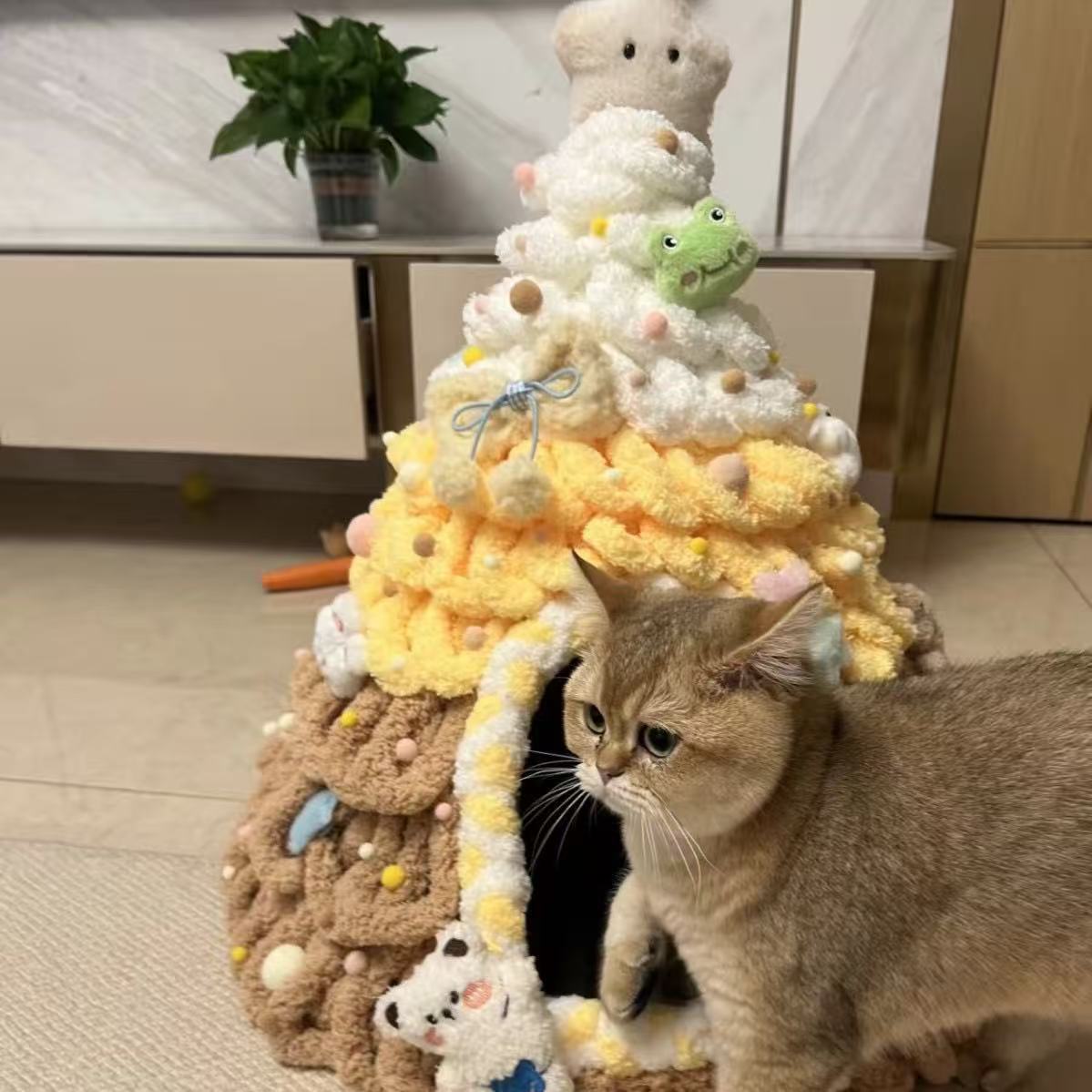 Cream White Milk Tea Chick Yellow kit: stacked white, yellow and tan chenille pet house with plush ornaments and a cat