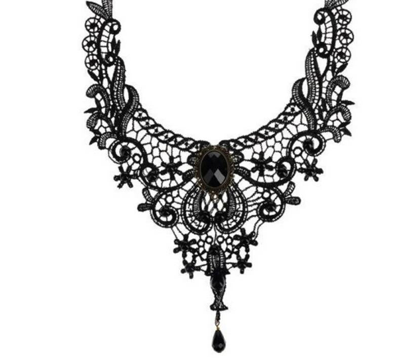 Lace choker necklace with an alloy filigree centre and small dangling beads