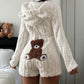 White plush hooded romper with bear ears and a teddy bear back patch, shown on the White size XL option