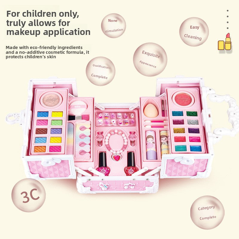 Open pink play makeup case with eyeshadow palettes, nail polish bottles and press-on nails beside a printed text panel