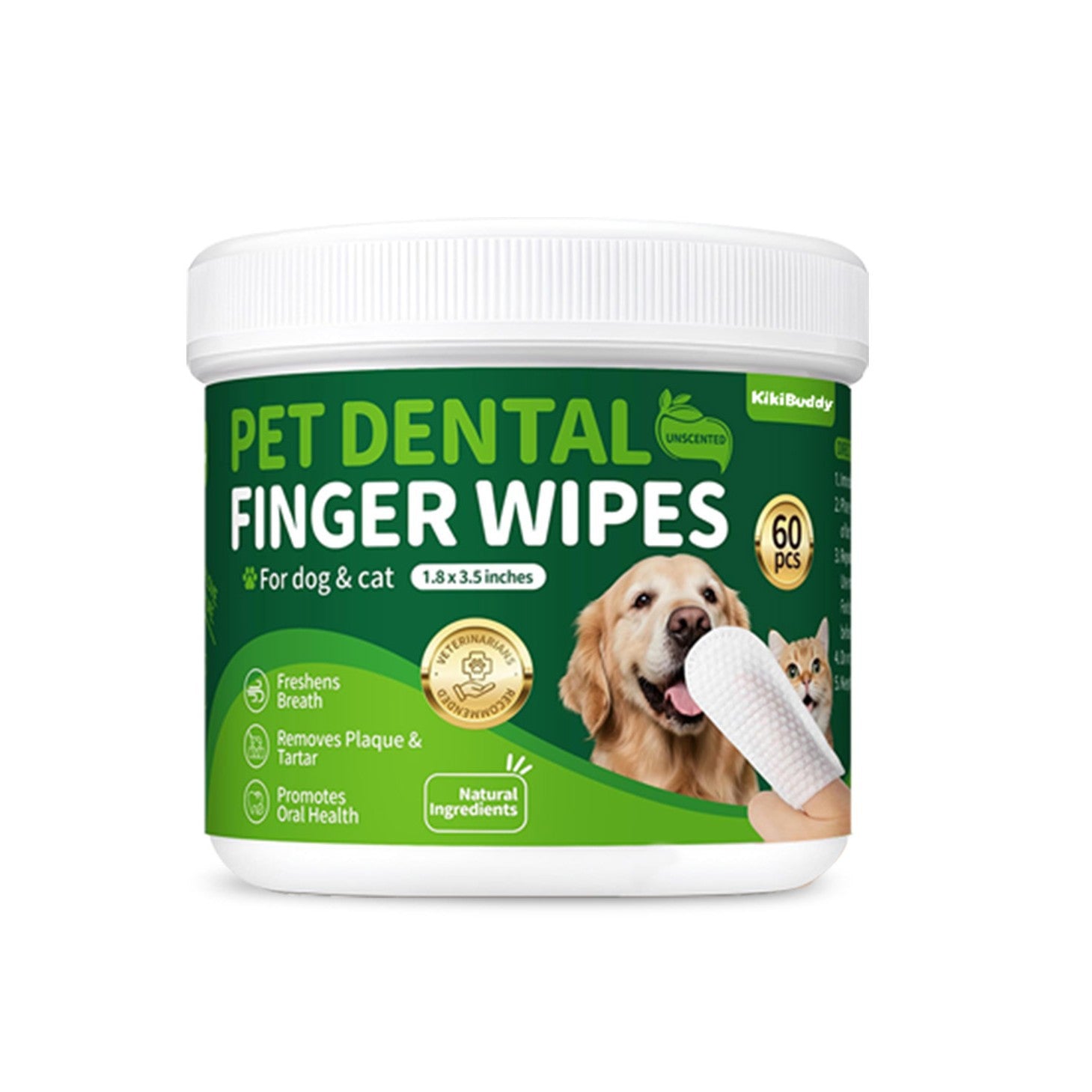 White screw lid tub of pet dental finger wipes on a plain background, green label facing forward