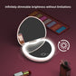 Infographic showing the stepless dimmable brightness of the heart LED makeup mirror