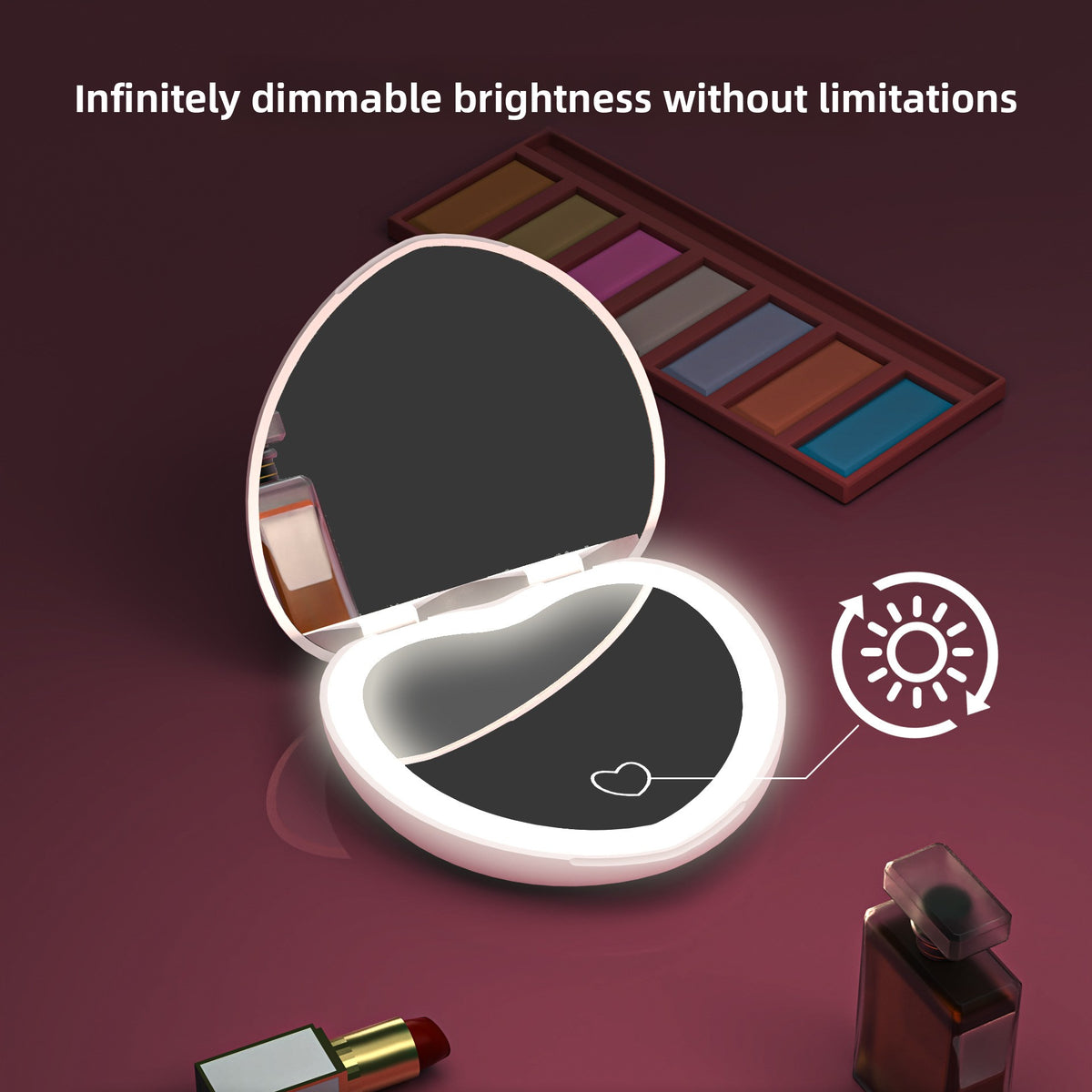 Infographic showing the stepless dimmable brightness of the heart LED makeup mirror
