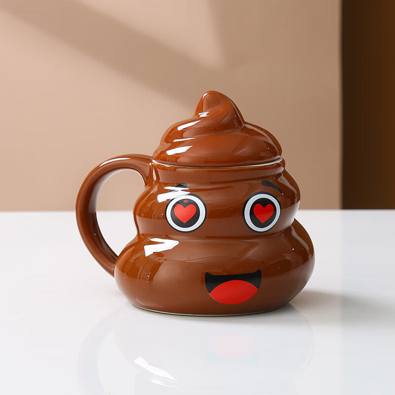 Group of brown ceramic poop emoji mugs with different printed faces and pointed ceramic lids