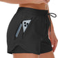 A black womens fitness shorts with drawstring elastic waistband, front view on model