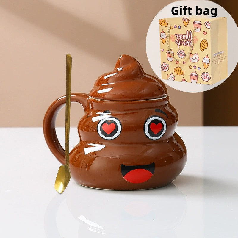 Brown ceramic poop shaped mugs lined up showing the smiley, love, get rich and naughty faces