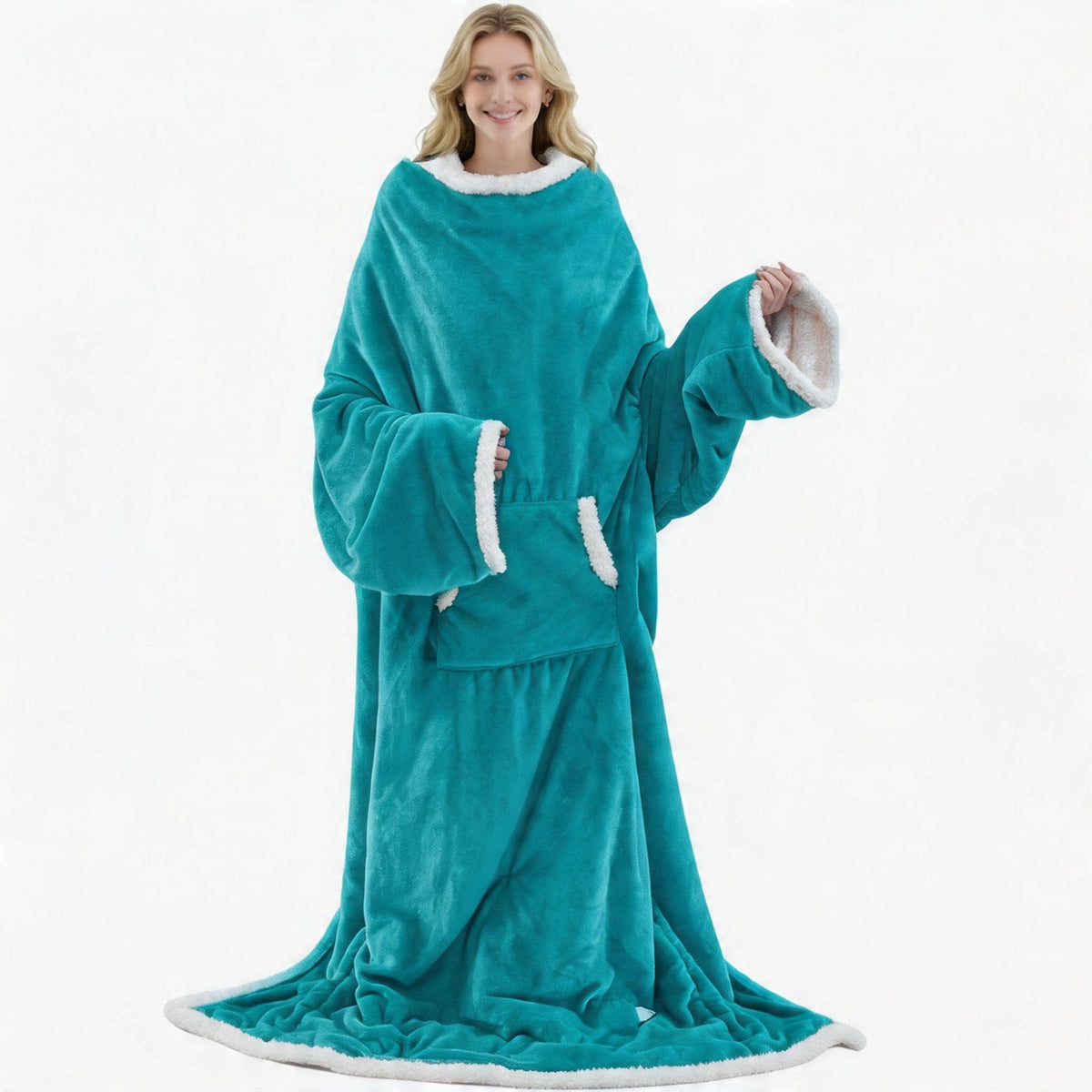 Wearable heated blanket in Cyan Blue flannel with sleeves, sherpa cuffs and large front pocket, Cyan Blue option