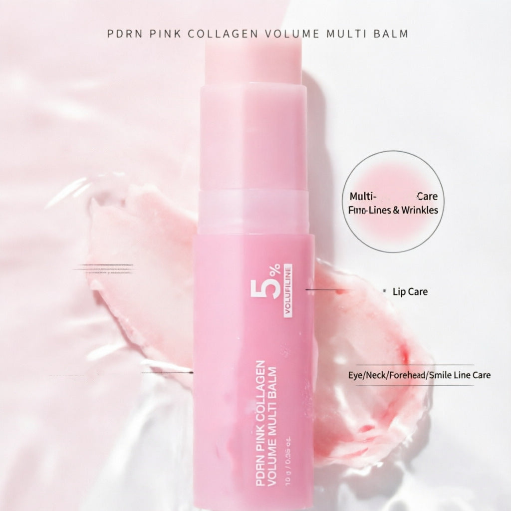 Pink collagen balm skincare product, showing the balm at the tip of the pink stick