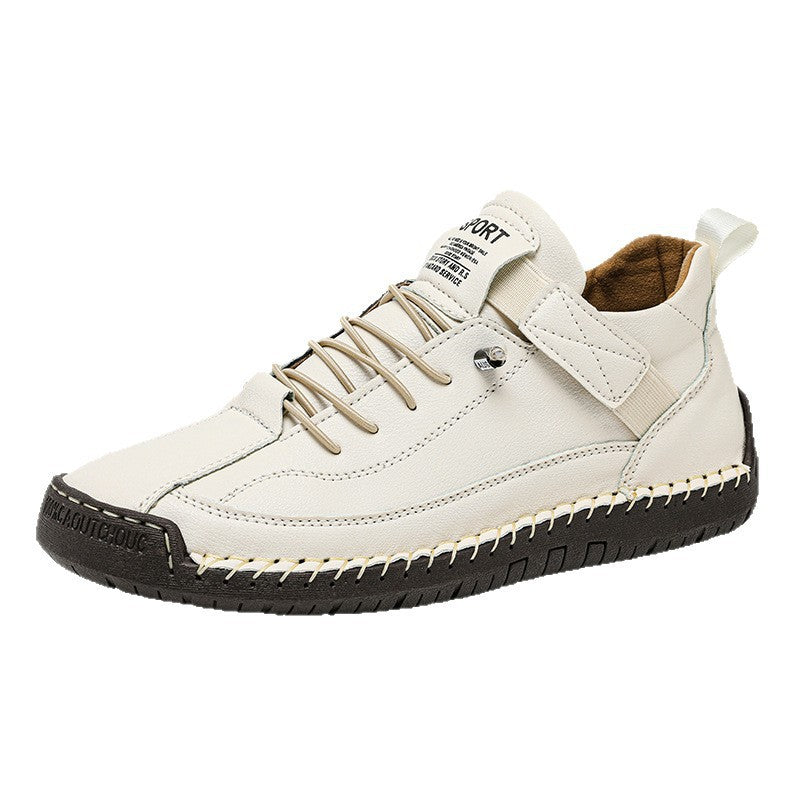 Hand-stitched casual shoe shown from the front with laces