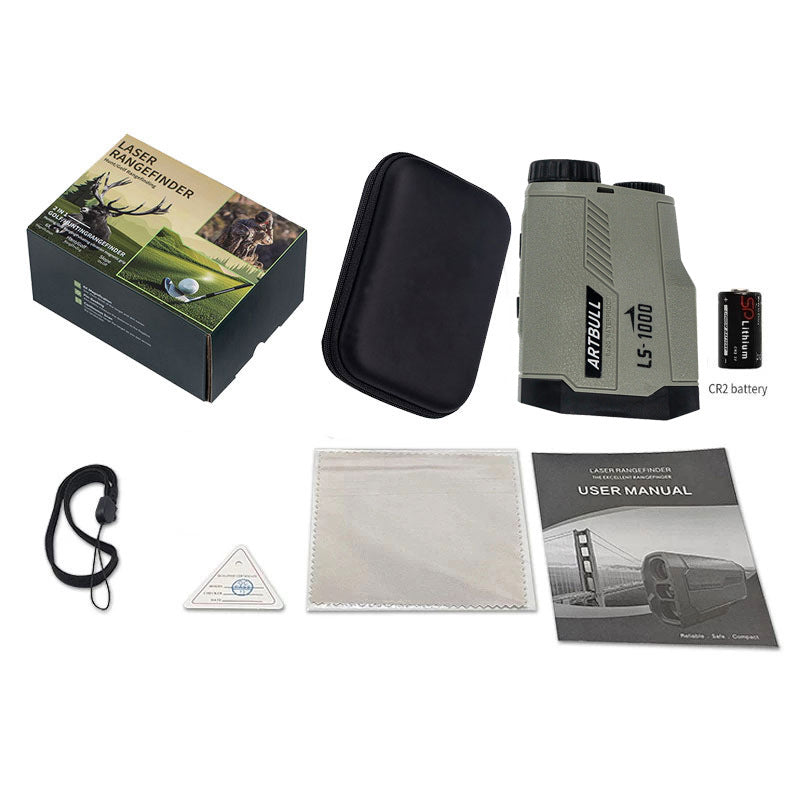 Laser rangefinder laid flat with retail box, case, CR2 battery, strap, cloth and user manual