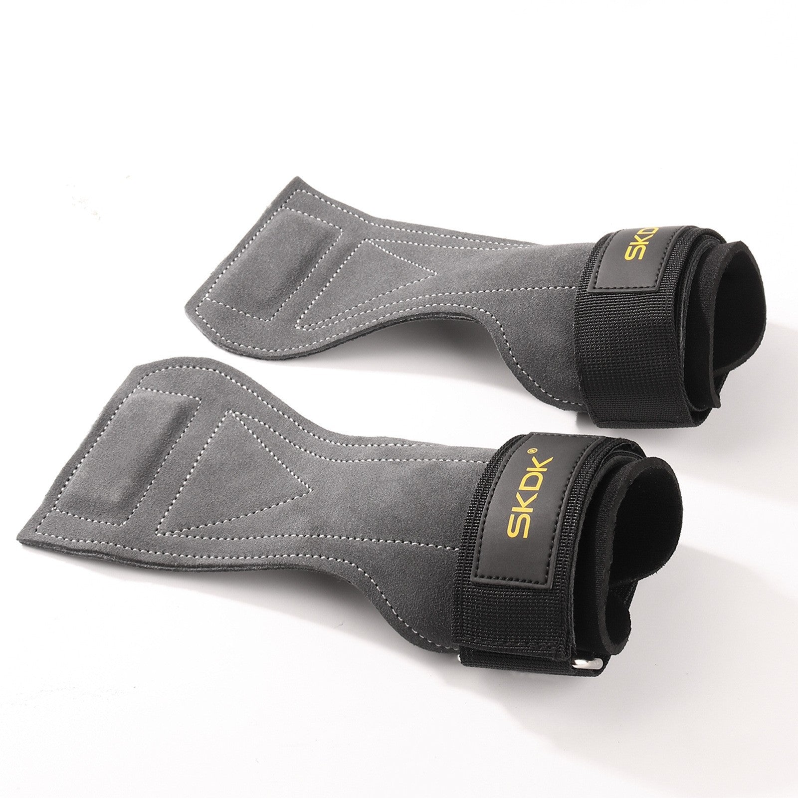 Brown leather gym palm grips with a padded wrist strap