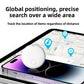 Round white tracker above a phone showing a map with location pins, global positioning panel
