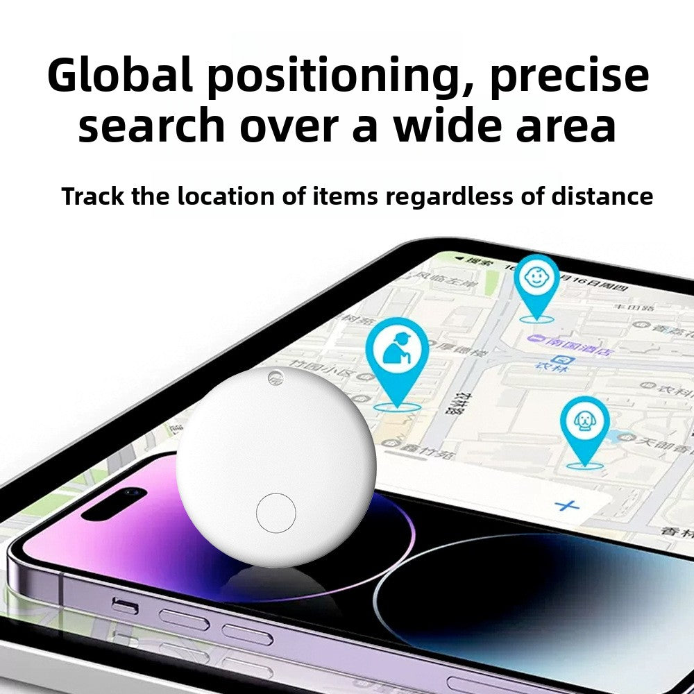 Round white tracker above a phone showing a map with location pins, global positioning panel