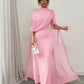 Lilac chiffon cape sleeve long gown with cinched waist and floor length skirt, on model