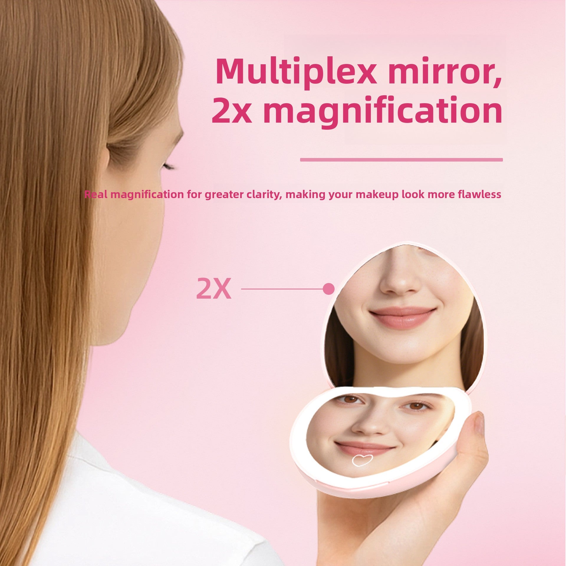 Infographic showing the 2x magnified side of the heart LED makeup mirror for close detail