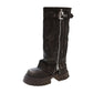 Dark brown chunky knee high boot with buckle strap and side zipper, product photo for the size 38 variant