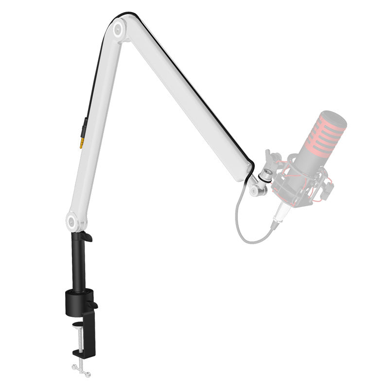White aluminum alloy microphone boom arm angled over a desk with a ghost mic outline for scale